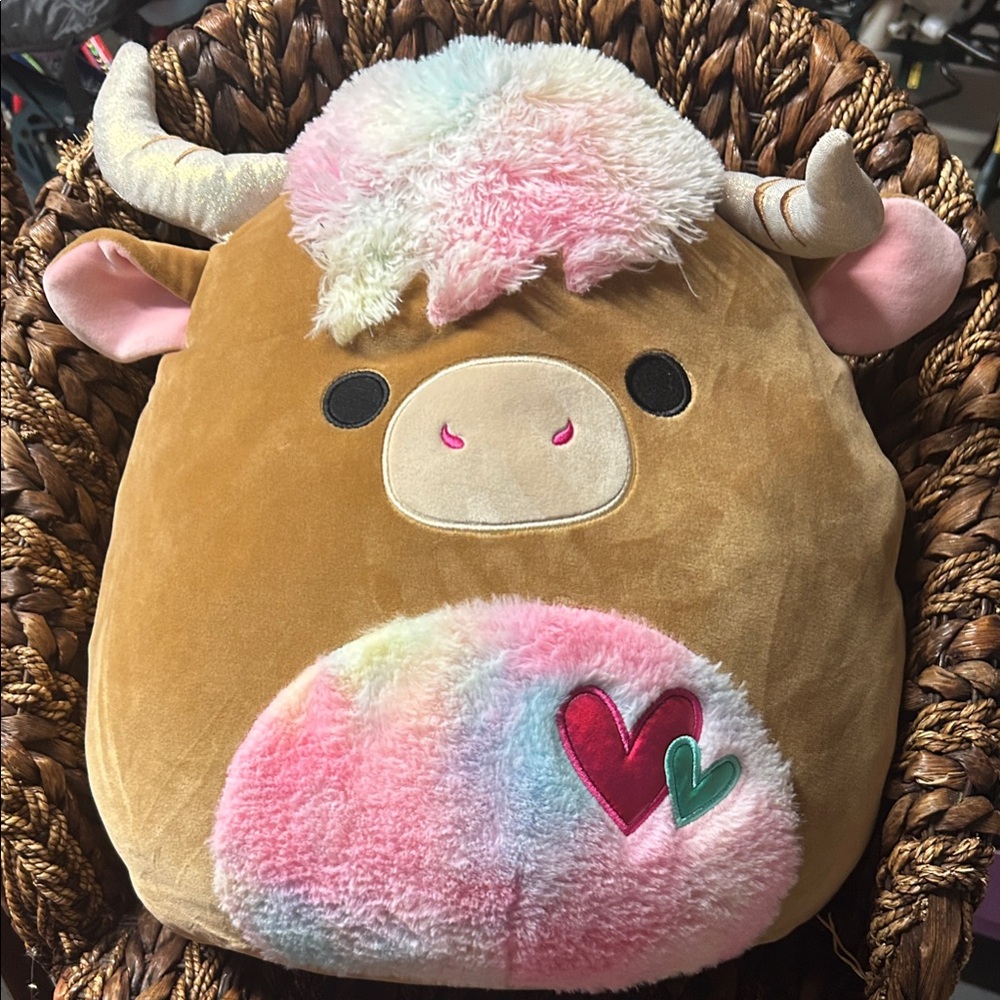16 inch Squishmallow Candela Brown Highland Cow with rainbow accents